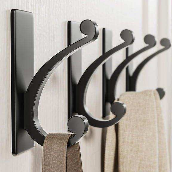 10LB Adhesive Hanger Stainless Steel, No Drill Wall Hook for Towel Robe Coat, Bath Shower Kitchen Outdoor Use, Staggered Dual Hook Design, Matt Black 4-Pack, black