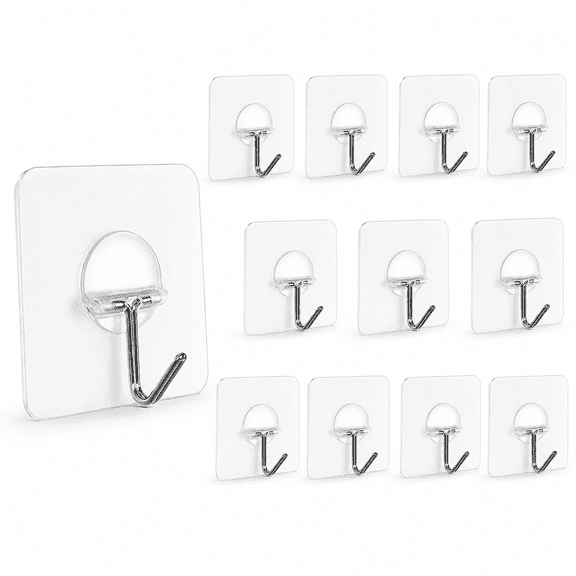 Generic PVC Adhesive Wall Hooks, 13lb Heavy Duty No Drill Transparent Waterproof Hooks for Bathroom Kitchen Towel Coat, 12 pack