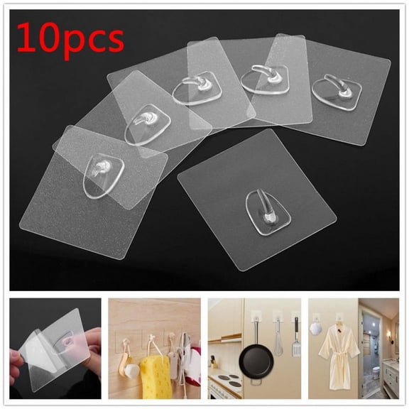 Adhesive Wall Hooks Clear Plastic Reusable Seamless Wall Mount Hanger Hooks for Kitchen Bathroom Door