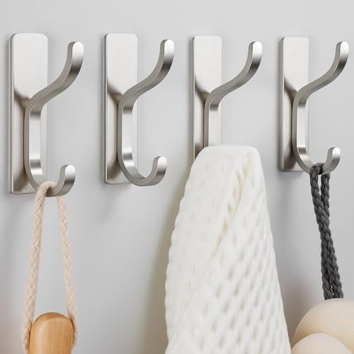 Adhesive Wall Hooks for Hanging Towels - Heavy Duty Stick On Hooks, Strong Hold up to 13 lbs, Hangers for Coats, Bags, Purses, Ideal for Door, Closet, or Bathroom, Brushed Silver,4 Pack