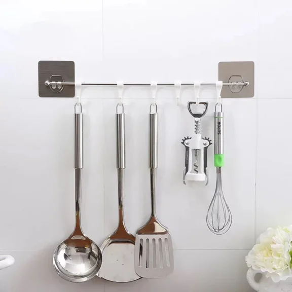 Adhesive Wall Hooks Rack Kitchen Rail, Space Saving Utensil Holder No Drilling