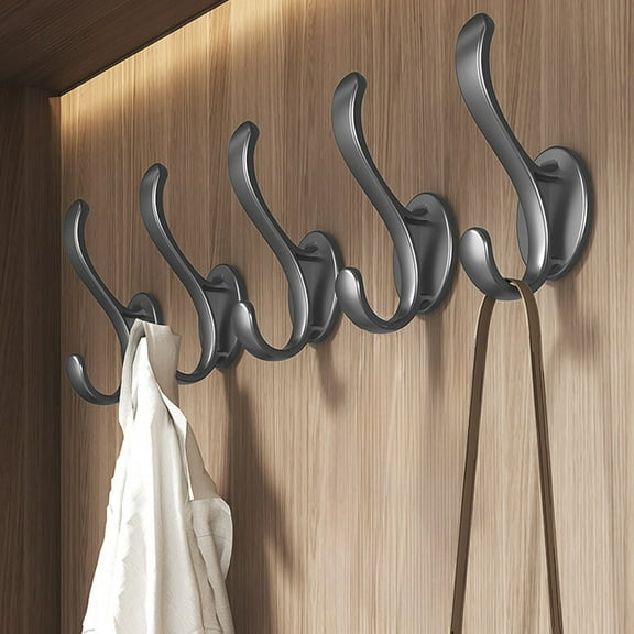 Wall Hooks Set 5 Pack | Non-Perforated Plastic Coat Hangers for Wardrobe Entryway Bathroom Kitchen | Heavy Duty 33LB Capacity | Black White Gray | 10.3x5x4.5cm | No Drill Removable Hooks