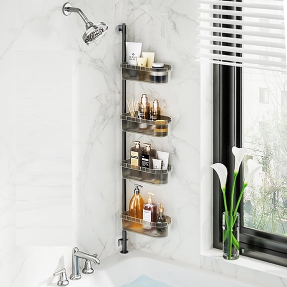 Adhesive Wall-Mount Shower Caddy w/Extendable Metal Pole & 4-Tier Adjustable Baskets for Bathroom Storage & Organization, 2.9-6.2 ft