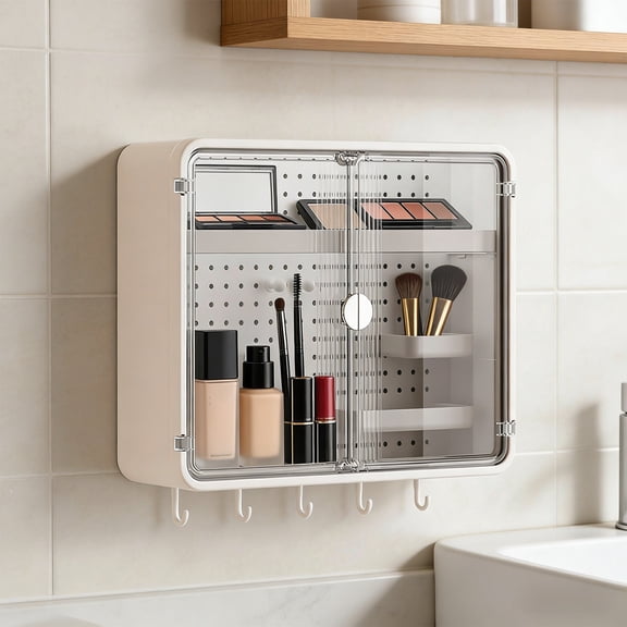 Adhesive Wall Mounted Cabinet, Double Door Bathroom Storage with Pegboard, Clear Medicine Cabinet Organizer for Toiletries, Space Saver for Small Bathroom and Kitchen(White)