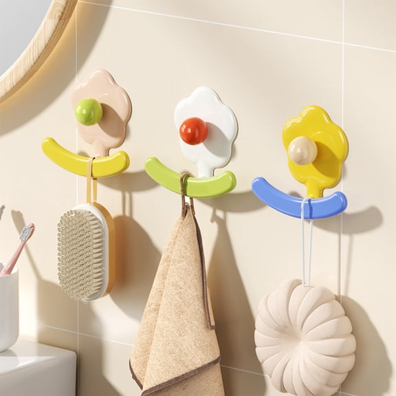 Adhesive Wall Mounted Coat Rack Hooks | Egg Flower Shape Decorative Hook | No-Drill Plastic Towel Hanger for Bathroom, Kitchen, Entryway | Multicolor | 3.6x3.3 Inches | Strong Hold for Keys, Hats