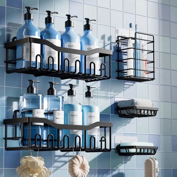 Adhesive Wall-Mounted Shower Caddy Basket 5 Pack, No Drilling Rustproof & Waterproof Shower Shelves Rack, Large Capacity Organizers Storage Caddies for Bathroom, Home & Kitchen, Matte Black