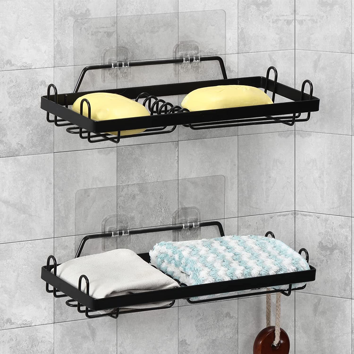 Adhesive Wall Mounted Soap Holder Basket, Black, 2 Pack
