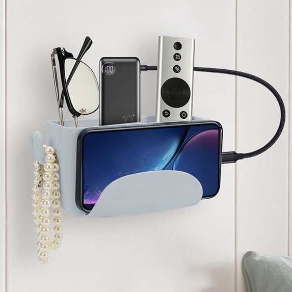 Adhesive Wall Shelf with Phone Charging Stand, Multifunctional Storage Rack, Hooks and Organizer Box for Bathroom, Kitchen Countertop
