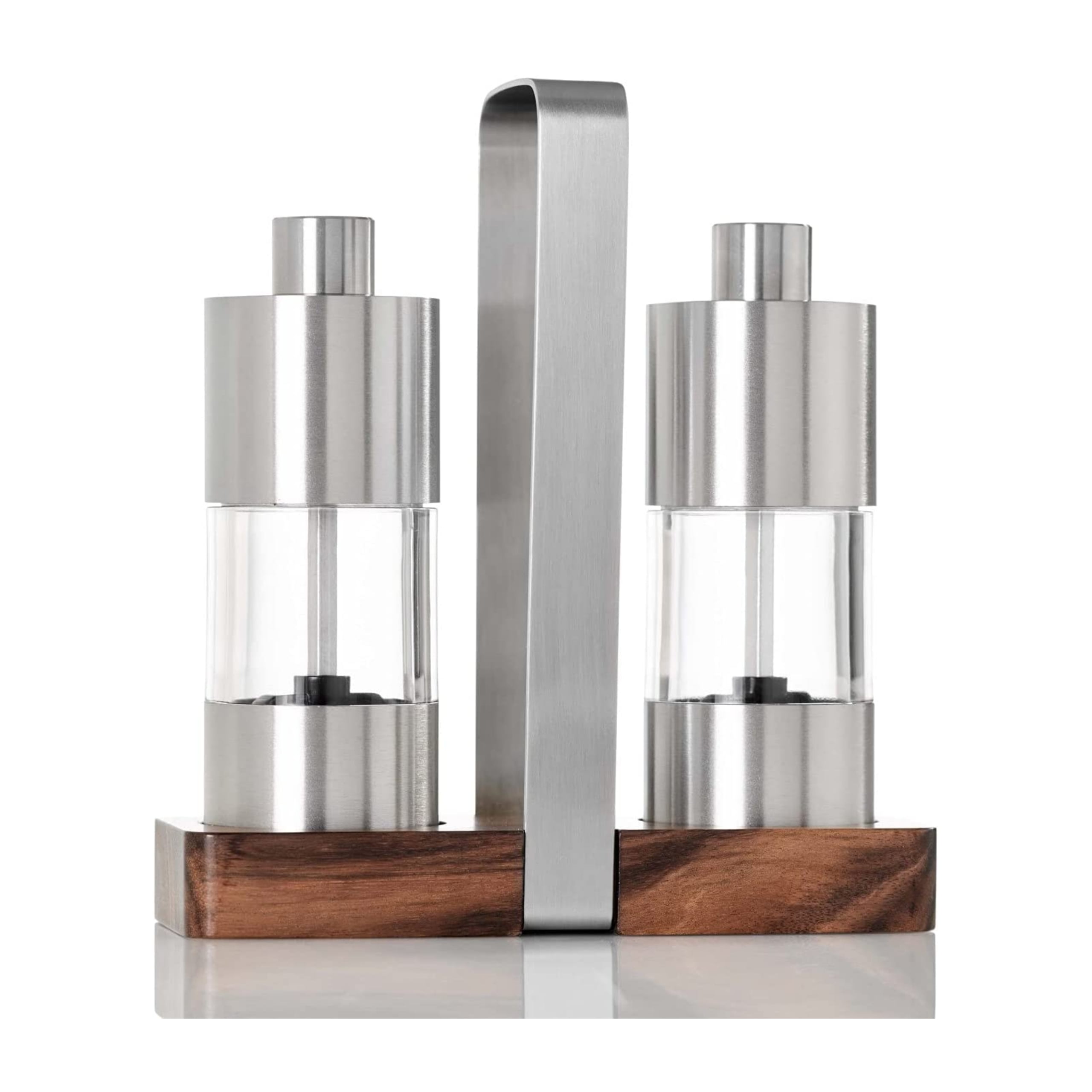 Stainless Steel and Glass Salt and Pepper Grinder Set with Wooden Tray