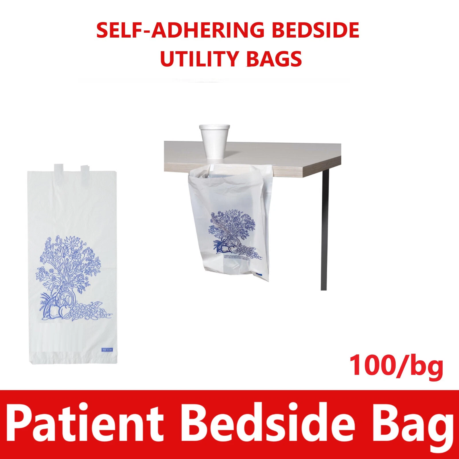 Adi Medical Self-Adhering Bedside Utility Bags Patient Bag Bedside Bag, 100/Bg