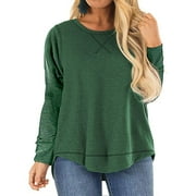 Adibosy Plus Size Tops for Women Long Sleeve Shirts Casual Side Split Tees Crewneck Blouse Green