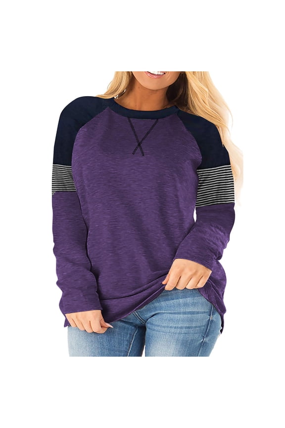 Plus-Size Tops for Women Raglan Long Sleeve Color Block Striped T-Shirts Crewneck Blouse Purple