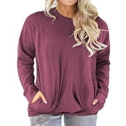 Adibosy Womens Plus Size Long Sleeve Tee Tops Casual Tunics Shirts with Pockets Wine Red