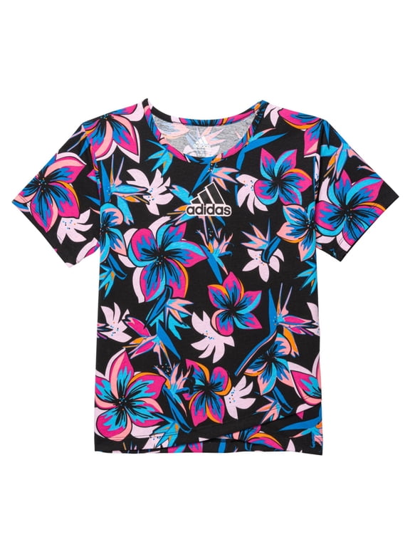 Big Girls AOP Cross-Over Tee Floral Print Casual Active T-Shirt (Black, S)