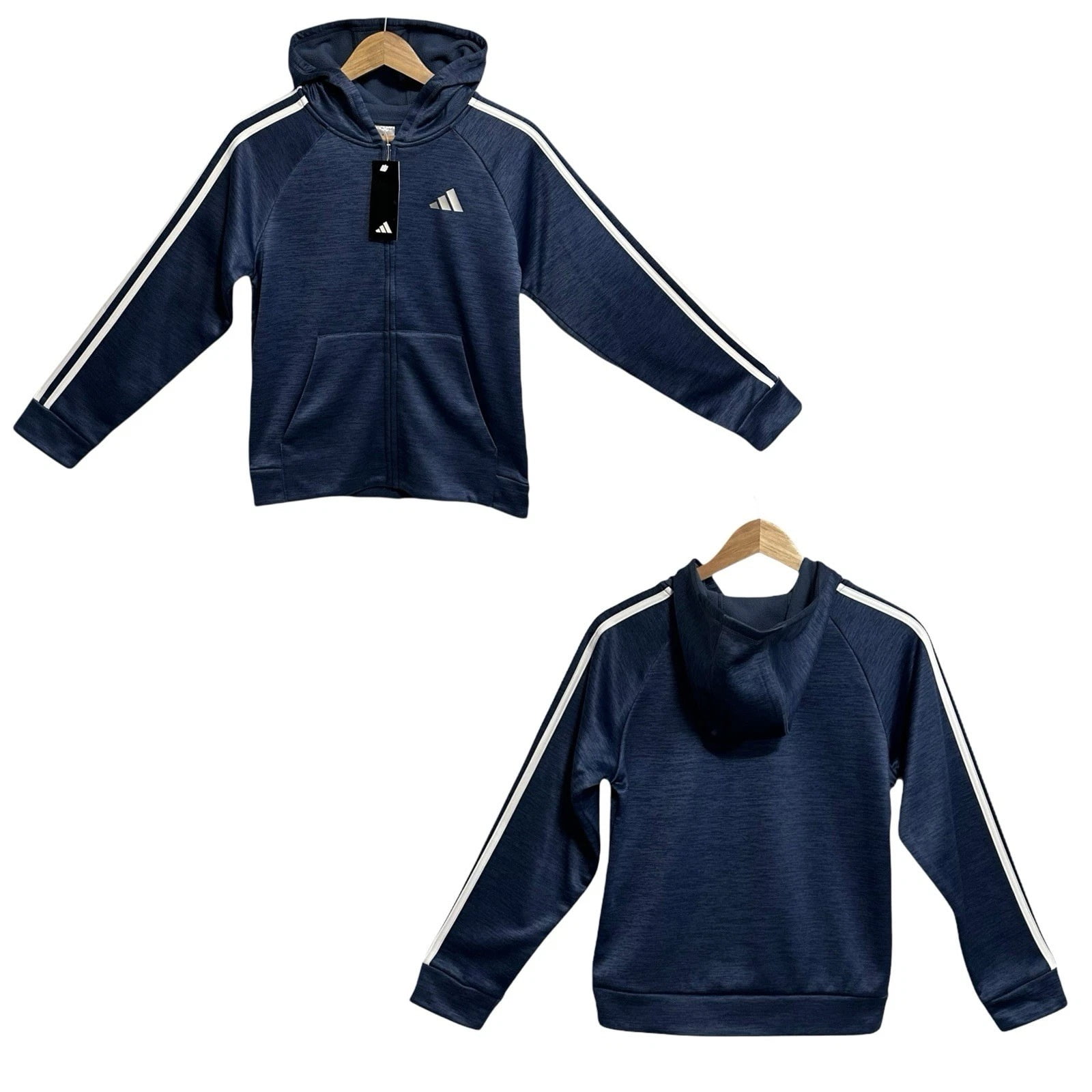 Adidas Boys Full Zip Fleece Hooded Track Jacket Sz L (14-16) Navy Blue 3-Stripe