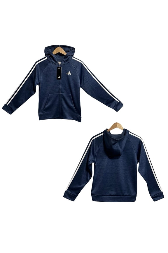 Boys Full Zip Fleece Hooded Track Jacket Sz XL (18-20) Navy Blue 3-Stripe
