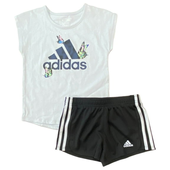 Adidas Girls 2pc Blue Short Sleeve T-Shirt Tee & Black Shorts Set 6