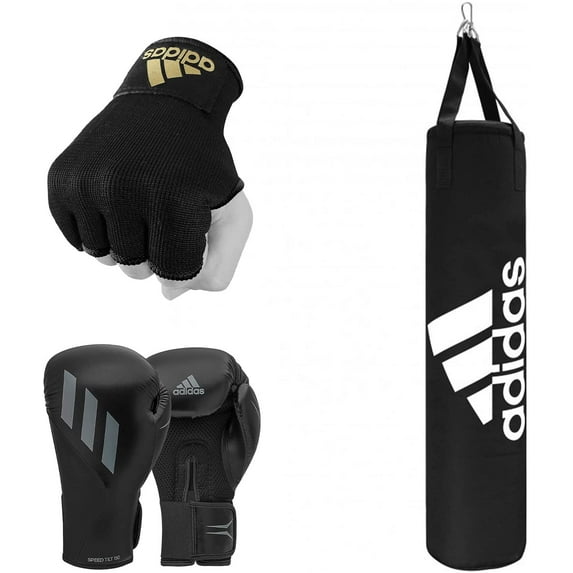 Adidas Home Gym Bundle (Black) - Home Use Heavy Bag (3,4,5) ft + Speed 150 Boxing Gloves (8,12,16) oz + Protective Inner Gloves (Med) – for Boxing, Training, Fitness & Gym – for Men, Women & Unisex