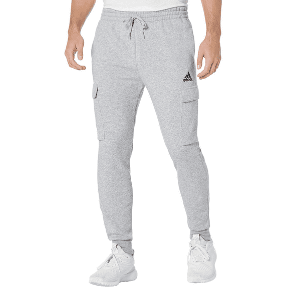 Adidas MEDIUM GREY HEATHER/BLACK Men's Tapered Fleece Cargo Pants, US Medium