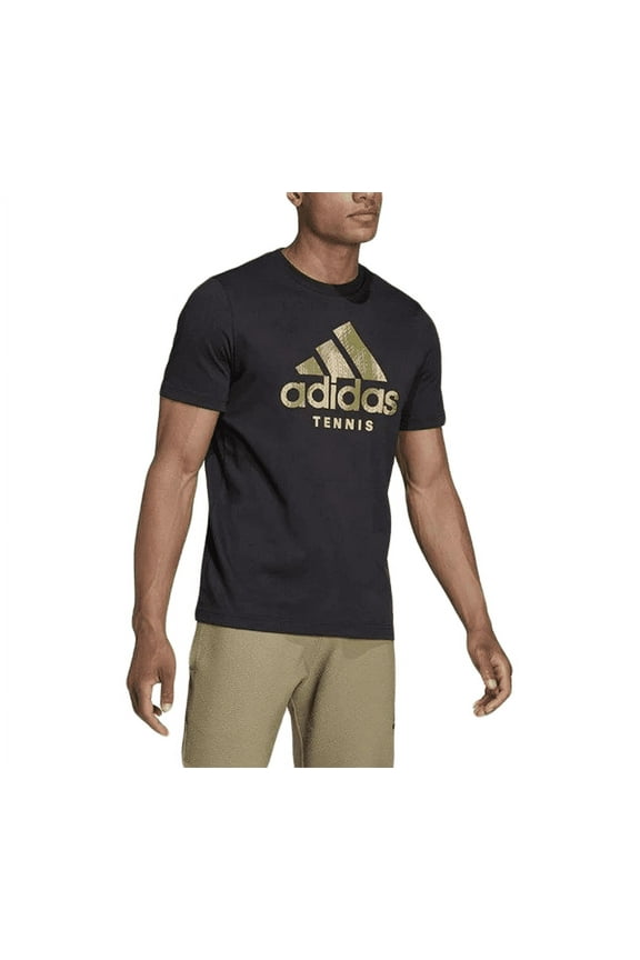 Men's Camouflage Logo Printing Tennis Sports Round Neck Short Sleeve HB2744 T-Shirt Black UK L