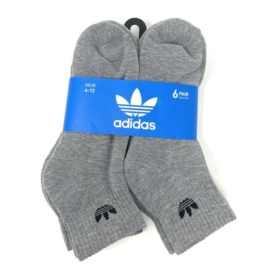 Adidas Originals Unisex 6 Pair Quarter Socks, Grey, (Shoe size 6-12)