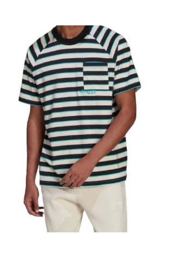 Pocket Stripe Round Neck Short Sleeve Green T-Shirt, Black, Small