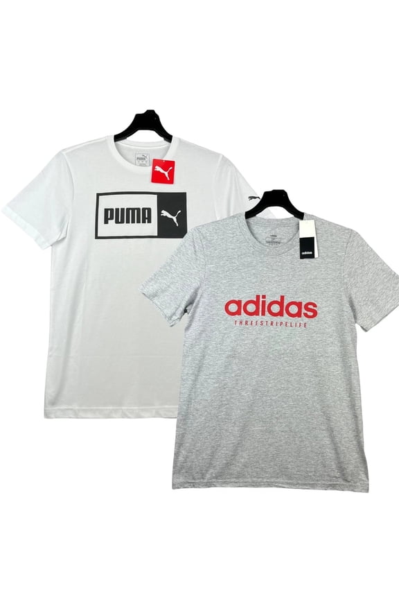 Adidas-Puma Men's Short Sleeve T-Shirts Size S White Gray Front Logo Crew Neck