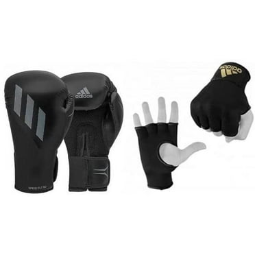 Adidas Speed Tilt 150 Boxing Gloves & Protective Inner Boxing Gloves Bundle Deal- For Men and Women, Black/Grey, Black/Gold, Weight 14 oz
