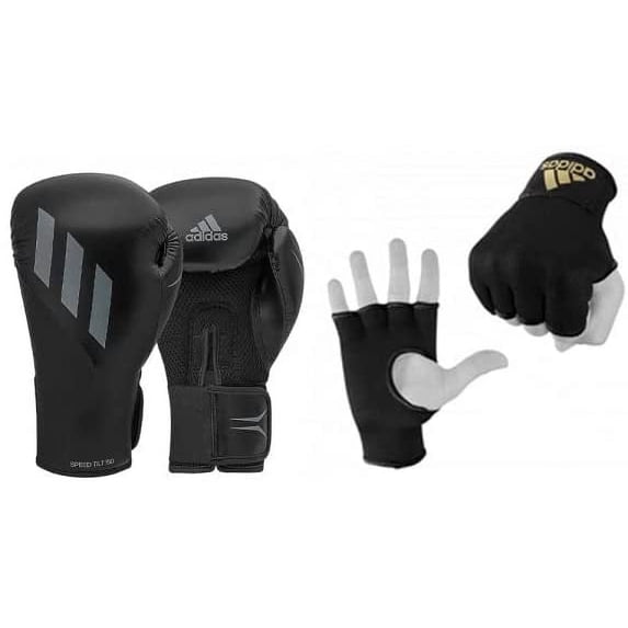 Adidas Speed Tilt 150 Boxing Gloves & Protective Inner Boxing Gloves Bundle Deal- For Men and Women, Black/Grey, Black/Gold, Weight 14 oz