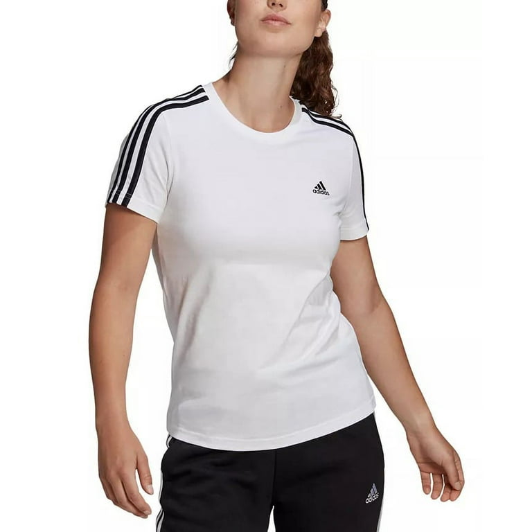 Adidas WHITE Women's Essentials Cotton 3 Stripe T-Shirt, US X-Small
