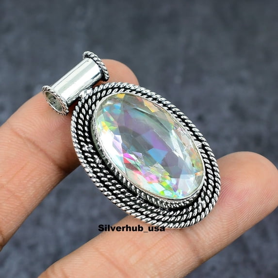 Adidev 30 Carat Fire Rainbow Topaz Gemstone Oval Shape Rainbow Color 925 Sterling Silver Plated Pendant for Women
