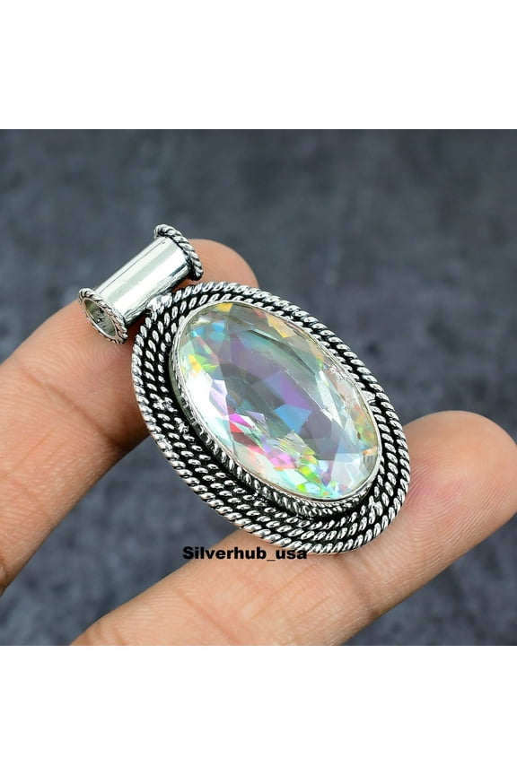 30 Carat Fire Rainbow Topaz Gemstone Oval Shape Rainbow Color 925 Sterling Silver Plated Pendant for Women