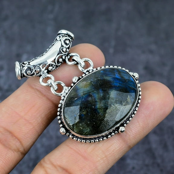 Adidev 30 Carat Labradorite Gemstone Oval Shape Mehandi Green Color 925 Sterling Silver Pendant for Women With Chain