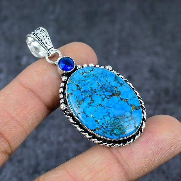 Adidev 30 Carat Tibetan Turquoise with Blue Topaz Gemstone Oval Shape Sky Blue Color 925 Sterling Silver Pendant for Women