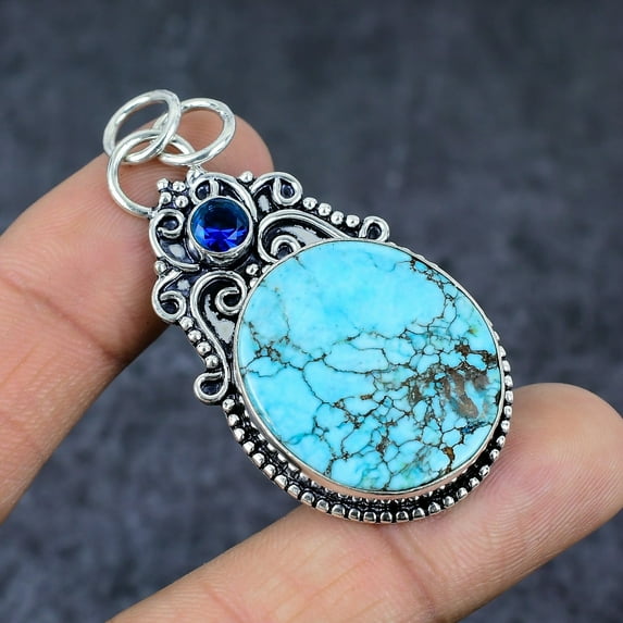 Adidev 30 Carat Tibetan turquoise with blue topaz Gemstone Round Shape Sky Blue Color 925 Sterling Silver Pendant for Women With Chain