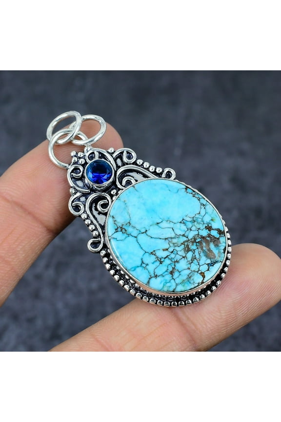 30 Carat Tibetan turquoise with blue topaz Gemstone Round Shape Sky Blue Color 925 Sterling Silver Pendant for Women