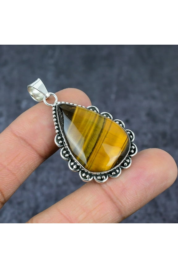 30 Carat Tiger’s eye Gemstone Pear Shape Yellow Color 925 Sterling Silver Pendant for Women With Chain