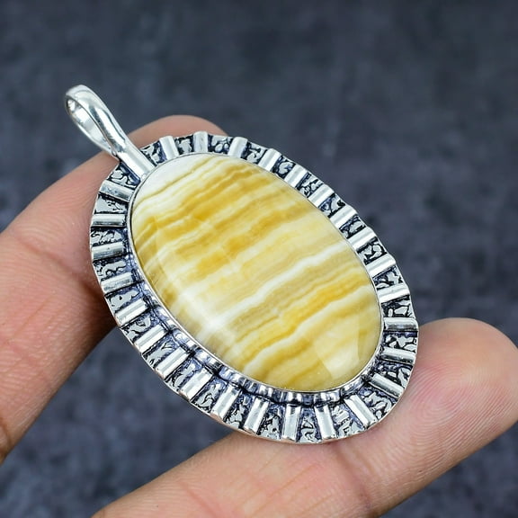Adidev 30 Carat Zebra Calcite Gemstone Oval Shape Yellow Color 925 Sterling Silver Pendant for Women
