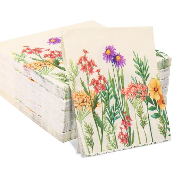 Adifare 100Pcs Flower Paper Napkins 2-Layer Retro Floral Guest Napkin Reusable Blossom Plant Hand Towel Decorative Dessert Dinner Napkins for Party