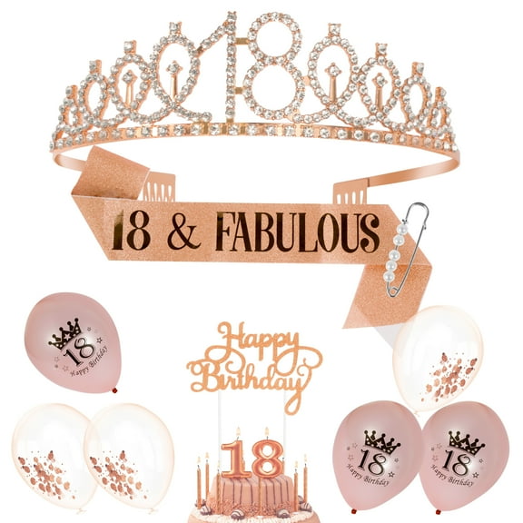 Adifare 18th Birthday Sash Crown Set Glitter Girl Birthday Queen Sash Tiara Set with 6 Balloons Decorative Happy Birthday Cake Topper Party Supplies for Birthday