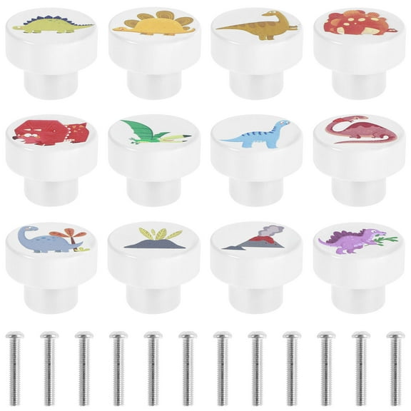 Adifare 20/12Pcs White Wooden Drawer Knobs with Screws 35mm Dinosaur Pattern Round Dresser Knobs Decorative Wood Cabinets Handles for Nursery Cabinet Closet