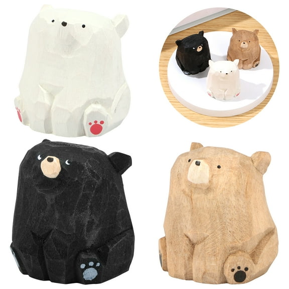 Adifare 3 Pcs Miniature Bear Statues Wooden Miniature Bear Figurines Rustic Hand Carved Bear Sculpture Decorative Small Animal Figurines Ornaments for Shelf Desk Office Bedroom Car