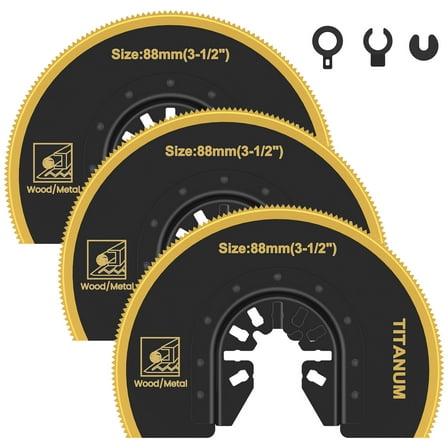 Adifare 3Pcs Oscillating Saw Blades Bi-metal Titanium Coated Multitool Blades Semicircular Sharp Oscillating Blades with Gasket Adapters for Wood Plastic Metal Cutting