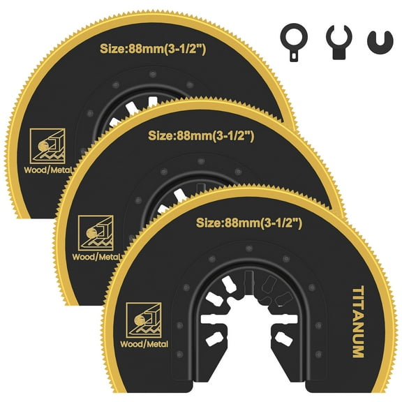 Adifare 3Pcs Oscillating Saw Blades Bi-metal Titanium Coated Multitool Blades Semicircular Sharp Oscillating Blades with Gasket Adapters for Wood Plastic Metal Cutting