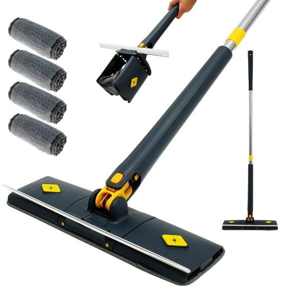 Adifare 44inch Microfiber Dust Mop 360° Rotatable Cleaning Mop with Scraper Push-Pull Automatic Squeezing Mop with 4 Replacement Pads for Floor Home Office