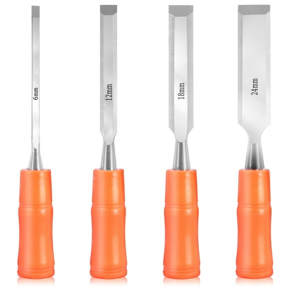 Adifare 4Pcs Wood Chisel Set Carbon Steel Woodworking Chisel Tool with Beveled Blade 6/12/18/24mm Sturdy Carpenter Chisel Hand Tool for Softwood Hardwood Laminated Wood