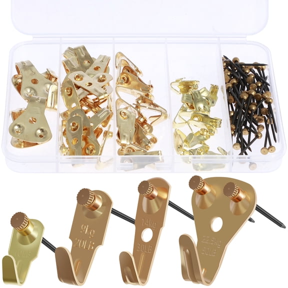 Adifare 55Pcs Picture Hanging Kit Sturdy Iron Wall Picture Hook Hangers with 65 Nails 10LB 20LB 30LB 50LB Multipurpose Gold Picture Hooks Set for Office Kitchen Bedroom