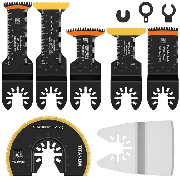 Adifare 7Pcs Oscillating Saw Blade Titanium Bimetal Oscillating Multitool Blade Universal Curved Edge Extra-Long Oscillating Tool Blade Precise Cut Precision Tooth Semi Circle Multi Tool Blade