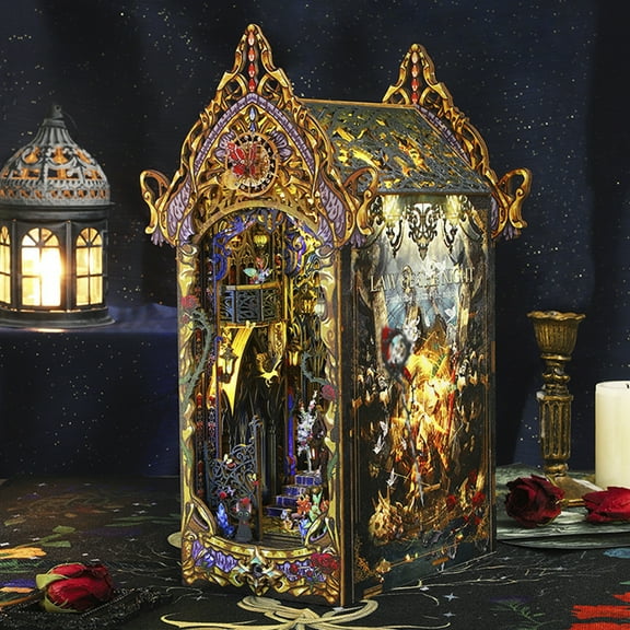 Adifare DIY Book Nook Kit 3D Wooden Puzzle Bookshelf Insert Decor with LED Light and Music Box DIY Miniature Dollhouse Model Kit Creative Bookend Building Kits for Kids Over 14 Years Old