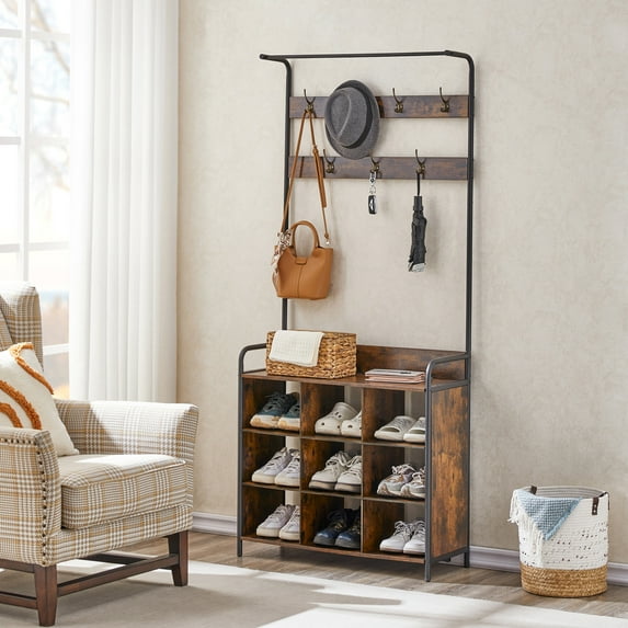 Adigau Coat Rack Hall Tree with Shoe Rack Entryway Coat Rack Storage Cabinet 3-in-1 with 7 Hooks 1 Hanging Rod Rustic Brown